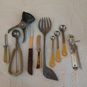 Lot of 8 Vintage Kitchen Utensils -Forks, spoons, Portion scoop, Citrus Squeezer